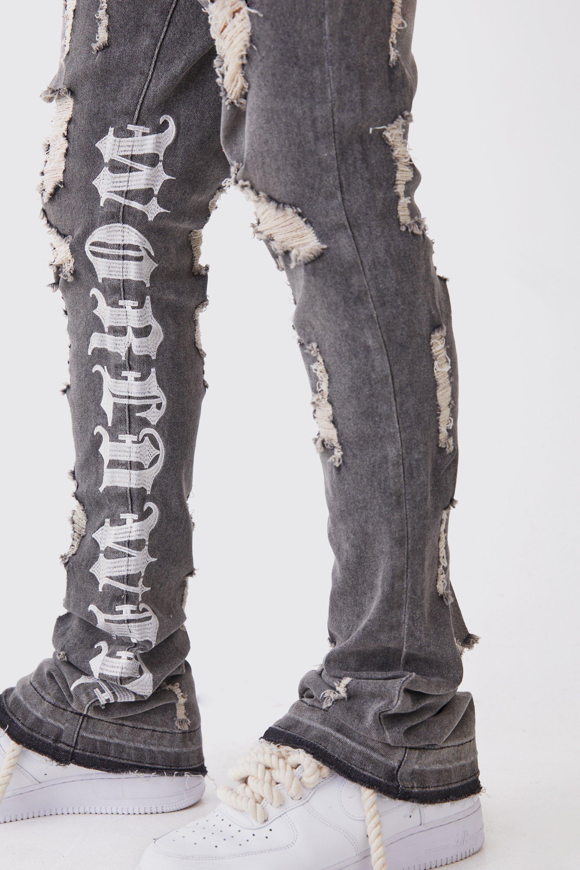 Skinny Stretch Stacked Distressed Embroidered Gusset Jeans boohoo